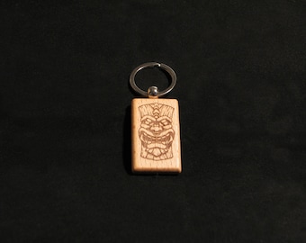 Tiki head wooden keychain, laser engraved