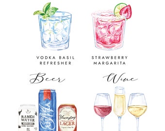 Full Customized Bar Menu WITH ILLUSTRATIONS, watercolor bar sign, custom wedding sign, drink menu sign, watercolor drink illustrations