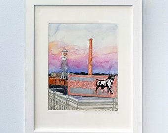 Durham NC Watercolor Art Print, Bull City Painting