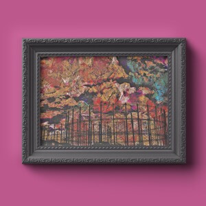 May include: A framed abstract painting with a colorful, textured background and a silhouette of a large industrial structure in the foreground.