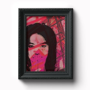 May include: A framed digital art print featuring a woman with long dark hair. Her face is partially obscured by a pink and purple geometric pattern. The background is a pink and purple abstract design with a black and white image of a power line structure.