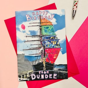 Biglietto di compleanno Discovery / Biglietto Dundee / Arte Dundee / Dundee / Compleanno / Buon compleanno / Biglietto di auguri / Arcobaleno / Nave / Barca