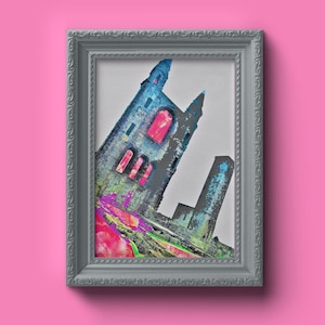 St.Andrews Cathedral and St Rules Tower l Gifts | Made in Scotland | Art Print | Fife | Abstract Photography | St.Andrews | Grey | Pink