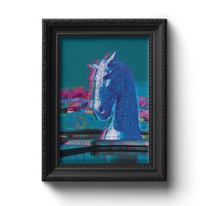 May include: A framed print of a blue and white horse sculpture against a teal background. The sculpture is in a waterfront setting with a reflection of the sculpture in the water.