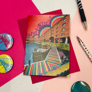 Carte d'anniversaire Albert Docks | Carte de Liverpool | Art de Liverpool | Liverpool | Anniversaire | Joyeux anniversaire | carte de voeux | Arc-en-ciel