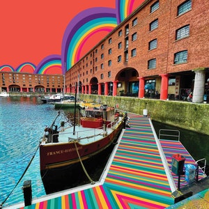 May include: A red and white boat named "France-Hayhurst" is docked in a canal. The canal is lined with brick buildings and a colorful striped walkway. The sky is a bright orange with rainbow arches.