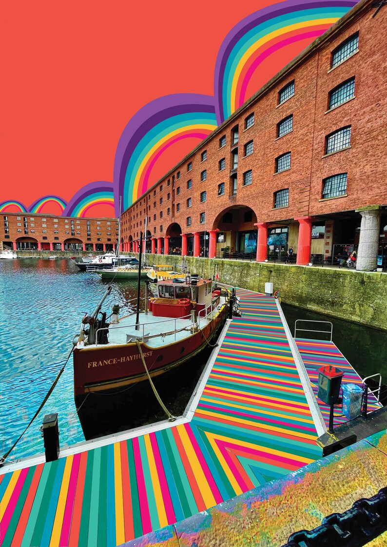 May include: A red and white boat named "France-Hayhurst" is docked in a canal. The canal is lined with brick buildings and a colorful striped walkway. The sky is a bright orange with rainbow arches.