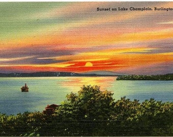 Lot of Five Vintage Linen Postcards - Sunset on Lake Champlain Burlington, Vermont - MINT NOS