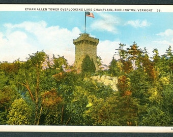 Lot of Five Vintage Linen Post Cards - Ethan Allen Tower Overlooking Lake Champlain, Burlington, Vermont - MINT NOS