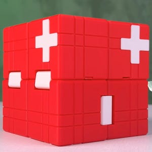 May include: A red cube-shaped puzzle toy with white plus signs on two sides. The cube is made of multiple smaller cubes that can be rotated and rearranged.