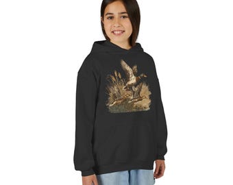 Kids Youth Mallard Duck Flying Hoodie | Waterfowl Hunting Wildlife Pullover Sweatshirt