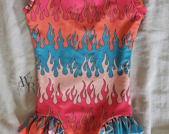 Handmade baby girls Flame Print Swimsuit, Ruffle One Piece