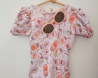 Little soda pop swimwear Handmade swimsuit baby girls Swimsuit, One Piece puff sleeve swimsuit big girls swimsuit