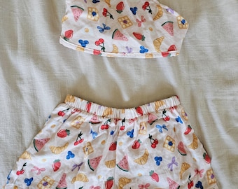Handmade baby girl 100% cotton outfit fruit shorts matching hair scarf bandana