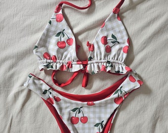 Cherry Gingham Reversible Bikini Set: High-Leg Cheeky Swimsuit
