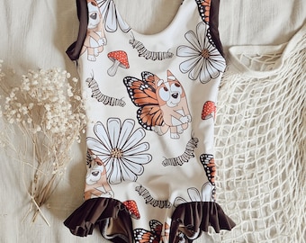 Summer swim girls floral heeler swimsuit outfit blue dog baby toddler bikini one piece birthday outfit