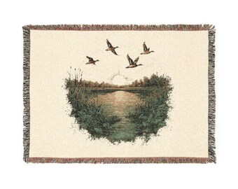 Sunset Lake Scene Woven Blanket | Ducks Flying Over Water