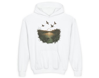 Sunset Lake Scene Hoodie | Flying Ducks Nature Hunting Graphic