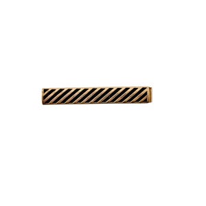 May include: A rectangular, gold-colored metal tie bar with a diagonal striped pattern. The tie bar is a simple, yet elegant accessory, perfect for adding a touch of sophistication to any outfit.
