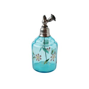 PERFUME BOTTLE: Antique Hand Blown Glass Atomizer - Hand Painted Floral Decoration - Aqua Glass - Ladies Dresser - Vanity Accessory
