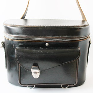 CAMERA BAG: Vintage Black Leather Bag - Unique Purse - Unusual Handbag - Man Bag - Carry On Bag