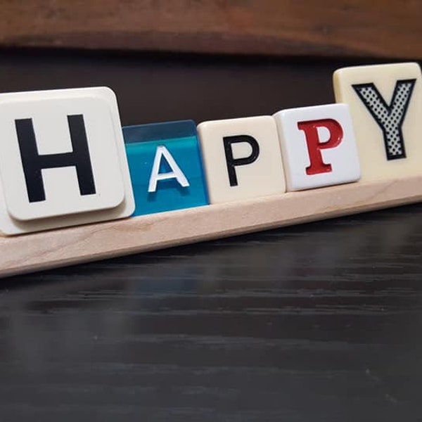 HappY - colorful wood & plastic letter tiles mounted on wooden Scrabble rack holder for shelf or desk