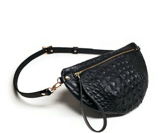 Black crocodile embossed leather fanny pack, sling bag, belt bag, clutch or wristlet. With leather strap, gold zipper, hardware and bee.