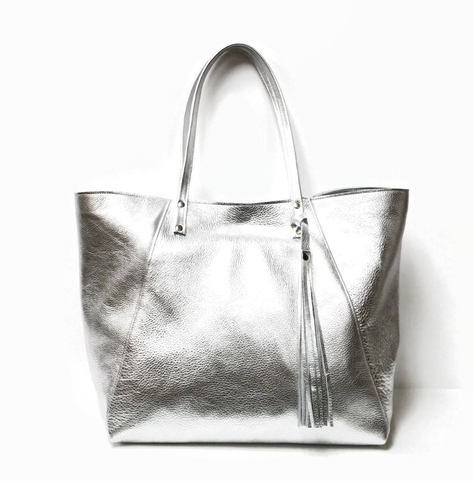 Silver Leather Tote Bag // Large market bag // Slouchy minimal Etsy