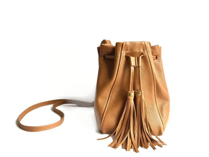 Saddle tan Leather Bucket Bag // Mini tassel drawstring bucket Etsy