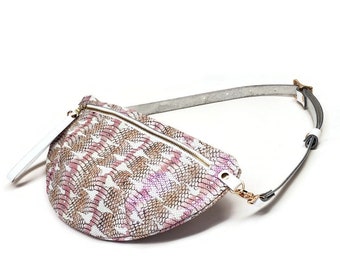 Snake embossed leather fanny pack, sling bag, belt bag, clutch or wristlet. With leather strap, gold zipper, hardware and bee. Pink & yellow