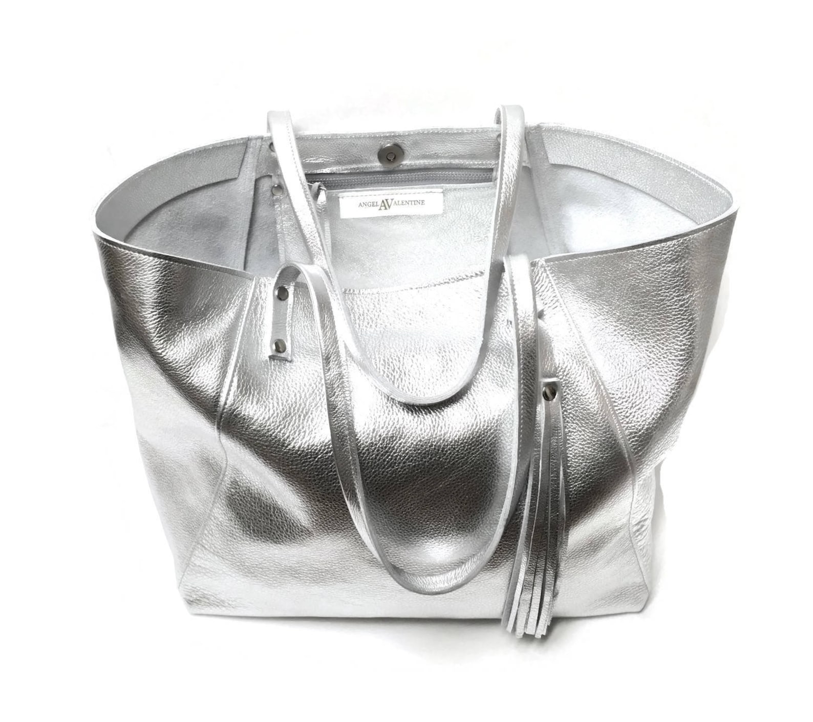 Silver Leather Tote Bag // Large market bag // Slouchy minimal Etsy
