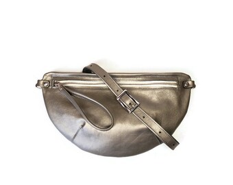 Metallic silver leather fanny pack, sling bag, belt bag crossbody bag. Detachable leather strap soft zipper pouch, clutch or wristlet