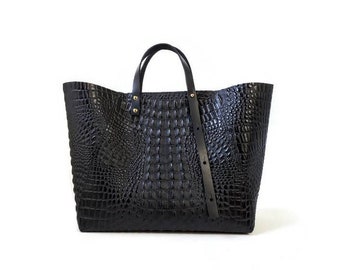 Large black leather tote bag in black crocodile embossed leather // Large market bag // work or travel bag