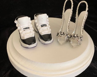 Michael Jordan Air Concords sneaker tennis/basketball shoe and rhinestone high heel wedding cake topper.  Groom's cake or Bridal Shower!
