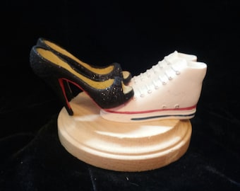 White Sneaker Basketball Tennis Shoes and High Heel Cake Topper - Perfect for the elegant bride and her casual groom!