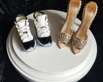 Michael Jordan Air Concords sneaker tennis/basketball shoe and rhinestone high heel wedding cake topper.  Groom's cake or Bridal Shower!