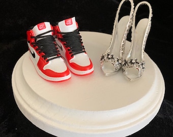 Nike Michael Jordan Air sneaker tennis/basketball shoe and rhinestone high heel wedding cake topper.  Groom's cake or Bridal Shower!