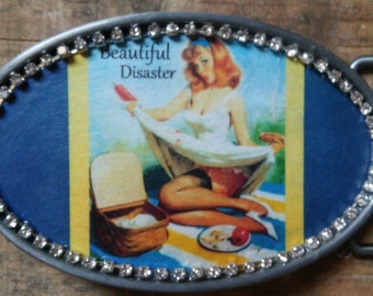 BEAUTIFUL DISASTER Pin-Up Pin Up Burlesque Rockabilly Girl Belt Buckle w/ Rhinestone Trim. Handmade w/ metal buckle and one-of-a-kind!!!