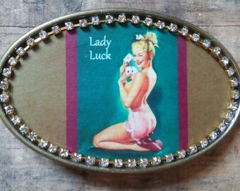 LADY LUCK Pin-Up Pin Up Burlesque Rockabilly Girl Belt Buckle w/ Crystal Rhinestones. Handmade w/ metal buckle and one-of-a-kind