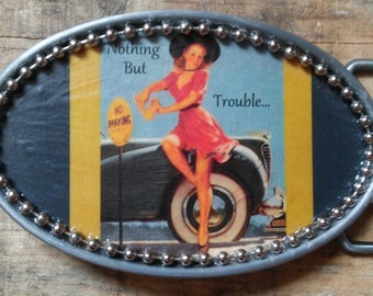 NOTHING BUT TROUBLE Pin-Up Pin Up Burlesque Rockabilly Girl Belt Buckle w/ Silver Bead Detail. Handmade w/ metal buckle and one-of-a-kind!!!