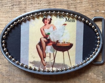 HOT MESS Pin-Up Pin Up Burlesque Rockabilly Girl Belt Buckle w/ Silver Bead Detail. Handmade w/ metal buckle and one-of-a-kind!!!