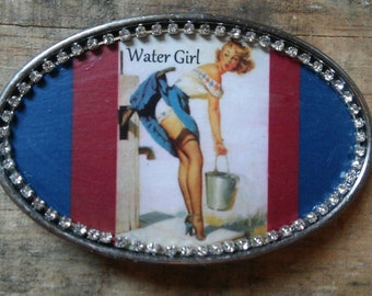 WATER GIRL Pin-Up Pin Up Burlesque Rockabilly Girl Belt Buckle w/Crystal Rhinestone Trim. Handmade w/ metal buckle and one-of-a-kind!!!