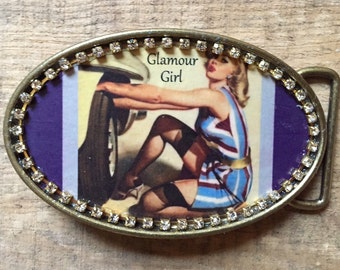 GLAMOUR GIRL Pin-Up Pin Up Burlesque Rockabilly Girl Belt Buckle w/ Crystal Rhinestones. Handmade w/ metal buckle and one-of-a-kind!!!