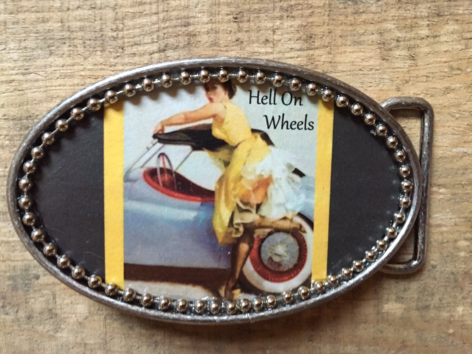 Pin Up Mixed Media Buckle Splaff Belt and Buckle Large Black Pinup Girl 1954 Recycled  main image 3