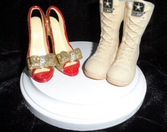 Army, Navy, Air Force, Marines Military Boot and high heel wedding cake topper.  Perfect for the patriotic groom and his high-class bride!