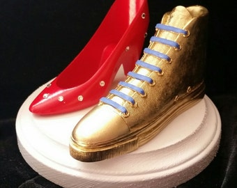 Converse Chuck T's All Star gold sneaker basketball tennis shoe and red stiletto high heel cake topper