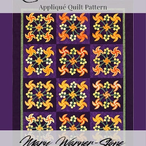Pode incluir: Padrão de colcha com apliques Candilions de Mary Warner-Stone Designs. O design apresenta uma grade de nove blocos roxos, cada um contendo motivos florais giratórios em laranja e amarelo. A colcha finalizada mede 137,16 cm por 170,18 cm.