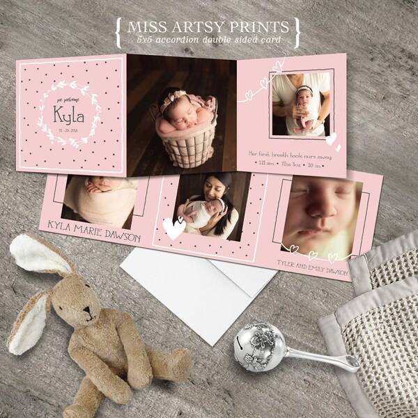 Birth Baby Announcement Photo Card 5x5 Accordion Tri-fold Printable or Professional Printing