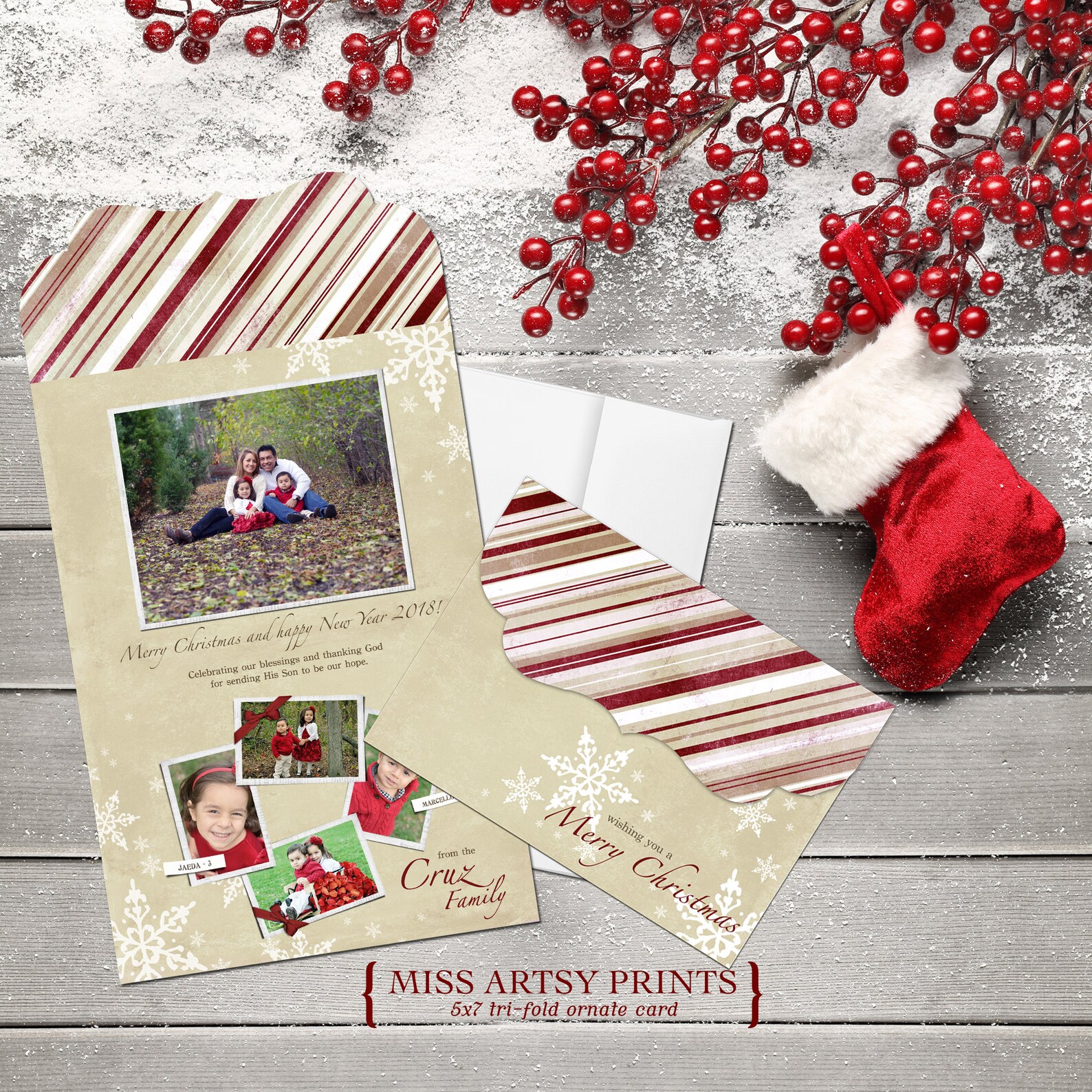 Christmas Photo Card Ornate Trifold 5x7 Printable or Professionally