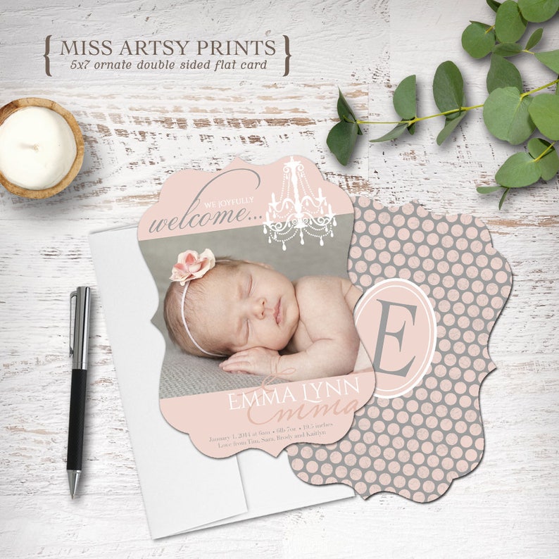 Birth Baby Announcement Photo Card 5x7 Ornate Printable or Professional Printing
